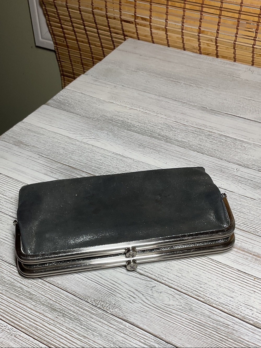 HOBO Black Silver Frame Leather Clutch Wallet